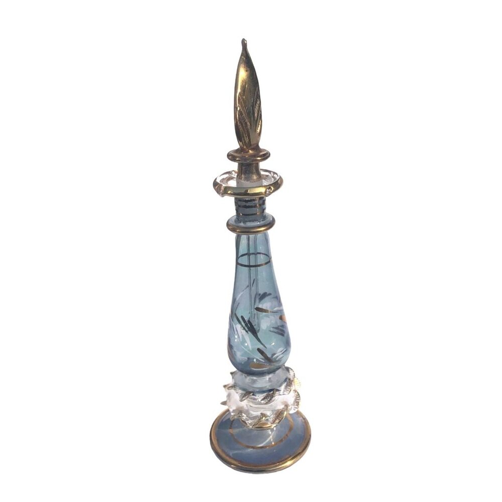 Vintage Handblown Gilded Iridescent Cut Glass Perfume Bottle with Stopper - Picture 8 of 10